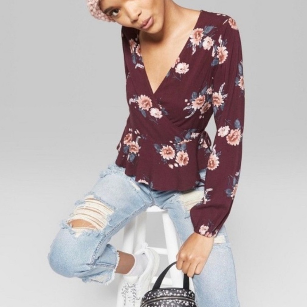 Wild Fable Floral Burgundy Maroon Long Sleeve Cropped Wrap Blouse XXL
